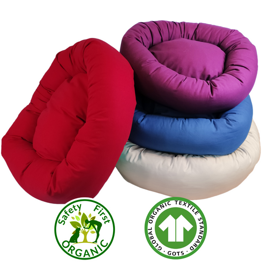 four bolster beds , red, blue, natural and plum with organic logos