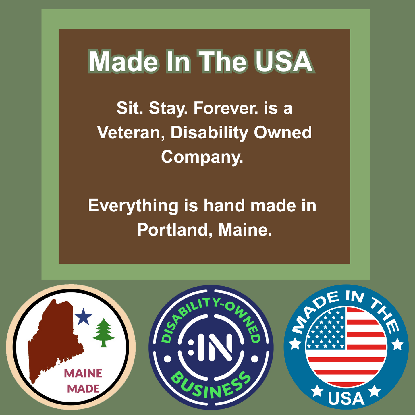 Promotional graphic for Sit Stay Forever a veteran disability-owned company with text and logos on a green background.