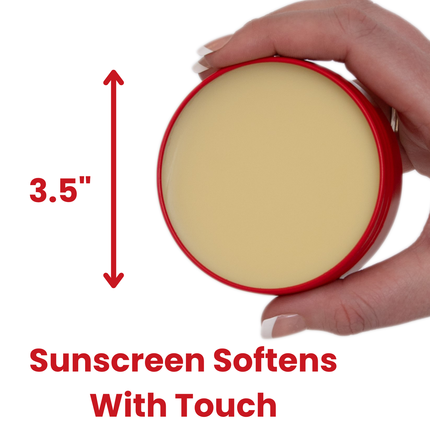Hand holding a small container of sunscreen with text indicating its size and a claim about its texture.