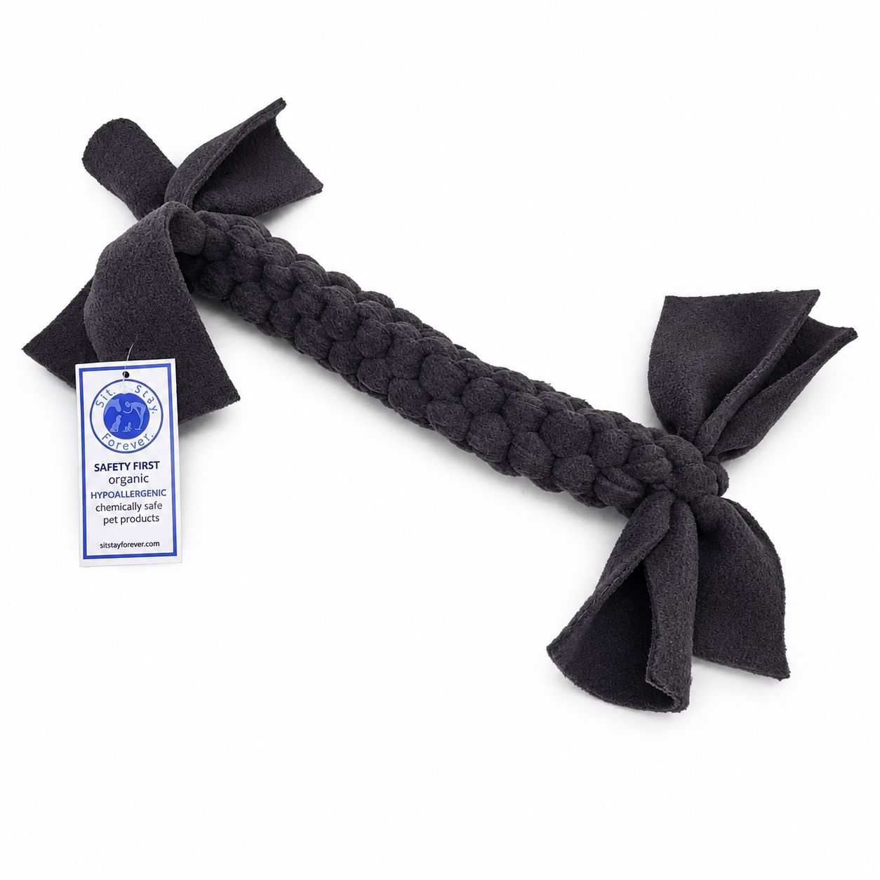 Gray Sit Stay Forever braided pet toy on a white background, featuring a label.