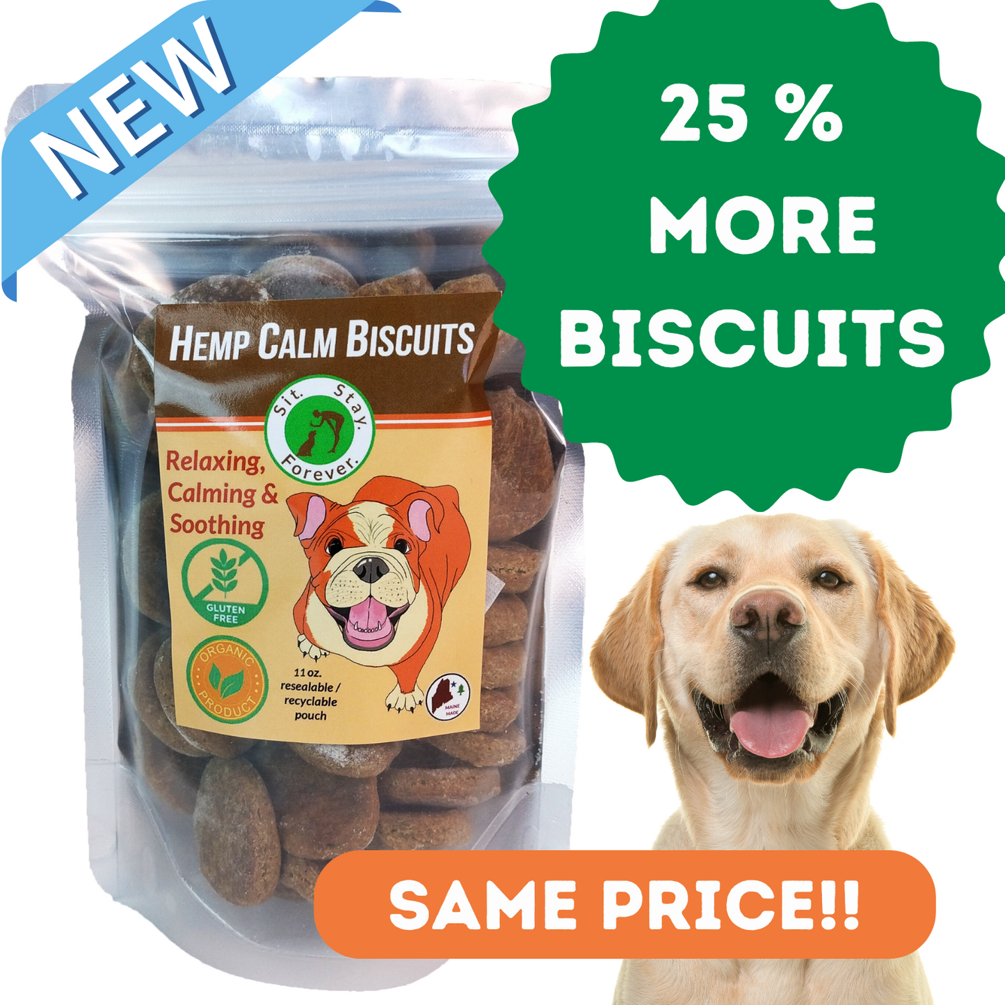 picture of bag of sit stay forever dog treats with 25% more biscuits in green all for the same price.