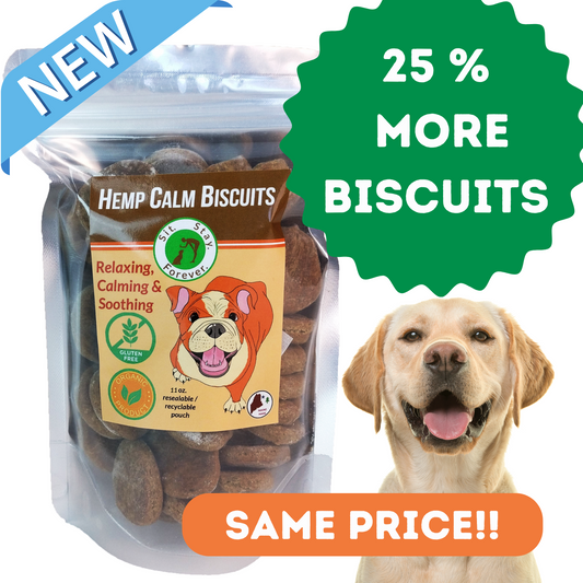 picture of bag of sit stay forever dog treats with 25% more biscuits in green all for the same price.