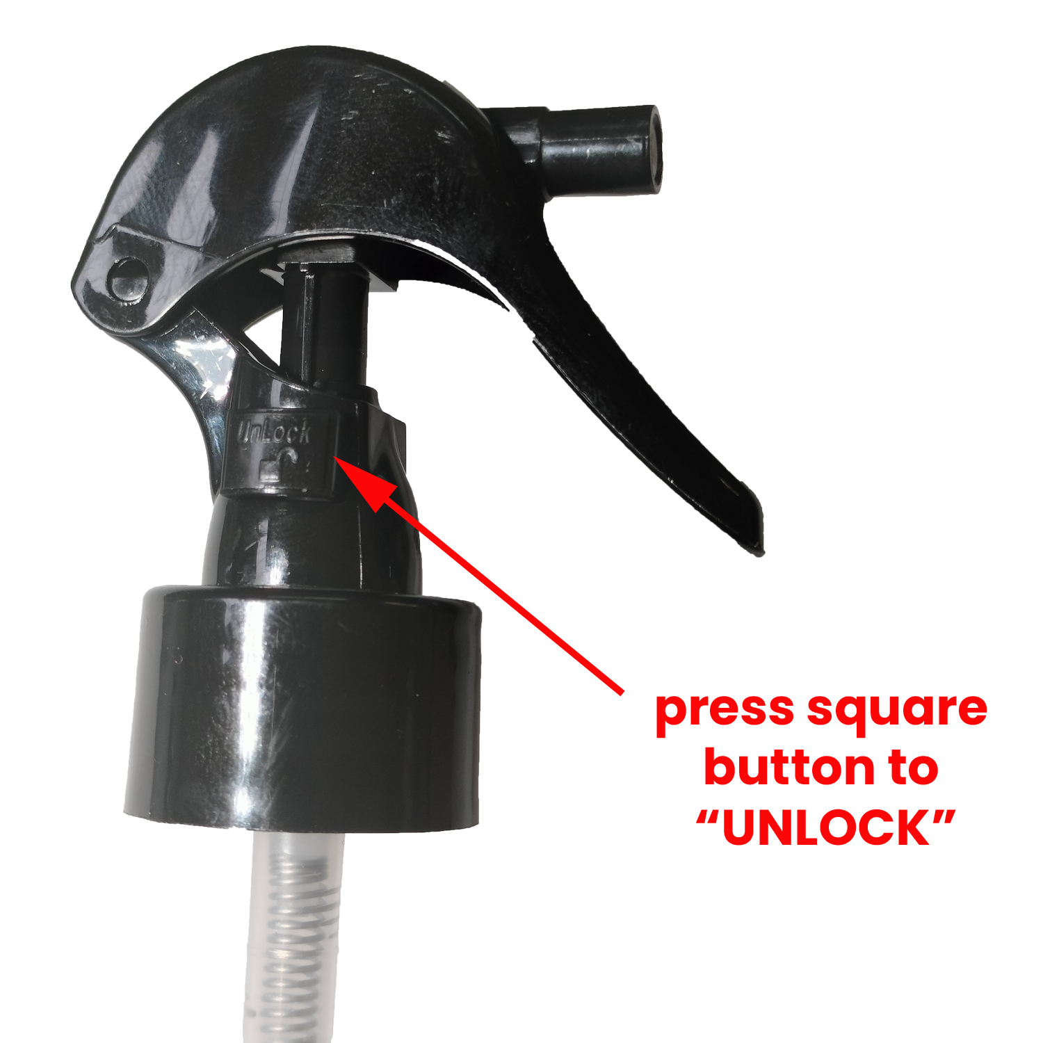 close up of trigger sprayer of Sit Stay Forever's Tick and Flea for dogs showing how to unlock