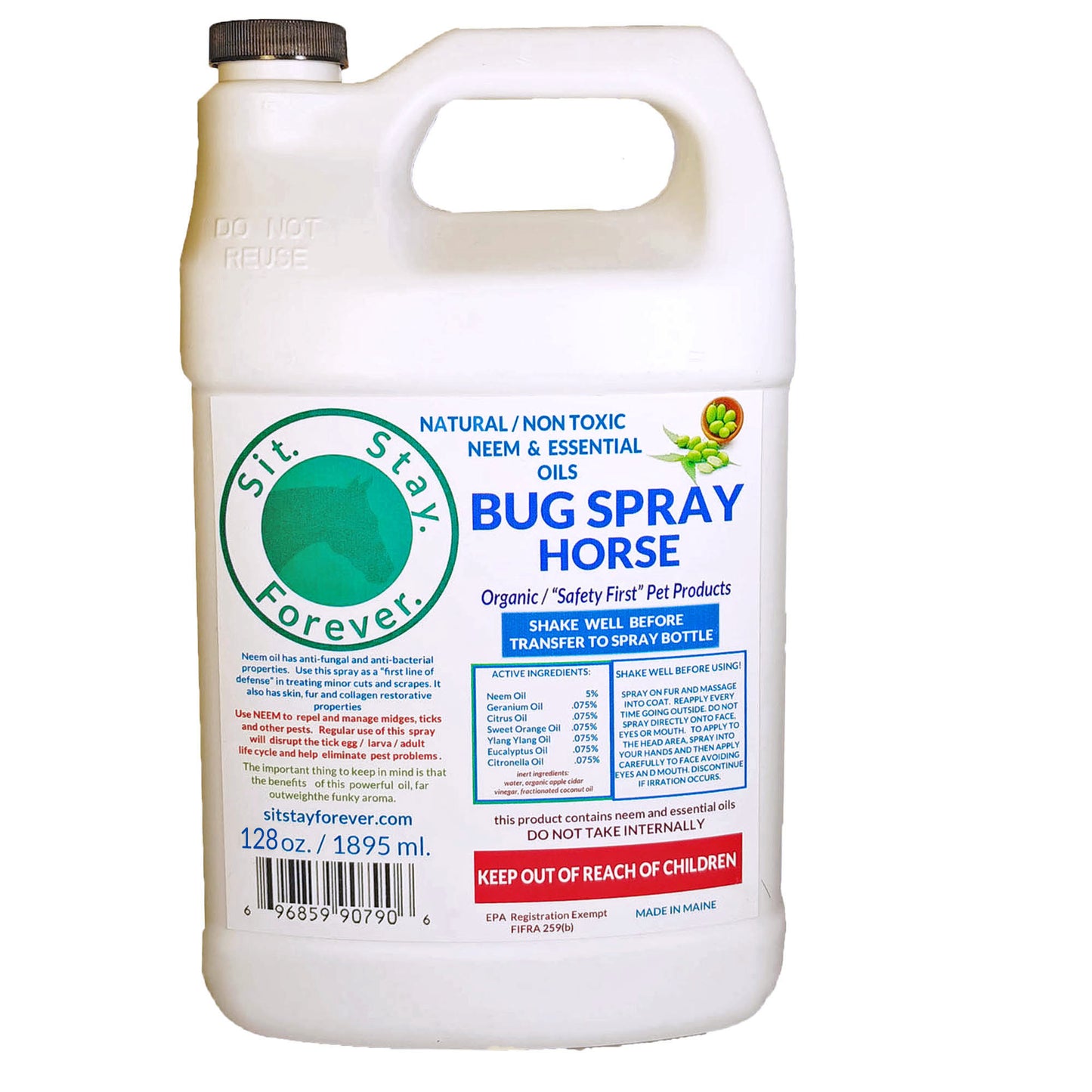 Front label of Sit.Stay.Forever. Bug Spray for horses. The jug is 128 oz (1895 ml) and features natural, non-toxic neem and essential oils. The label includes the Sit.Stay.Forever. logo and mentions organic "Safety First" Pet Products. Instructions advise shaking well before transferring to a spray bottle.