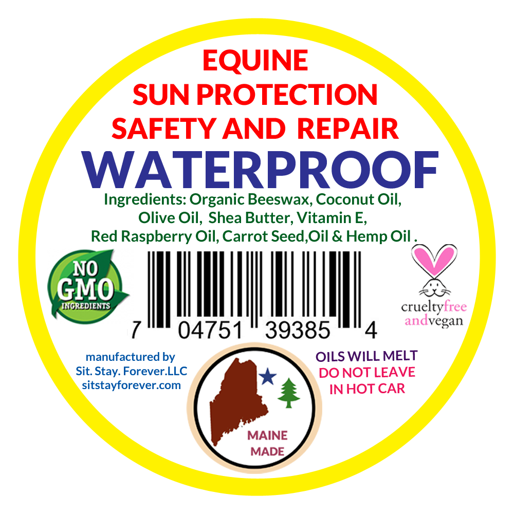 back label information from sit stay forever horse sunscreen