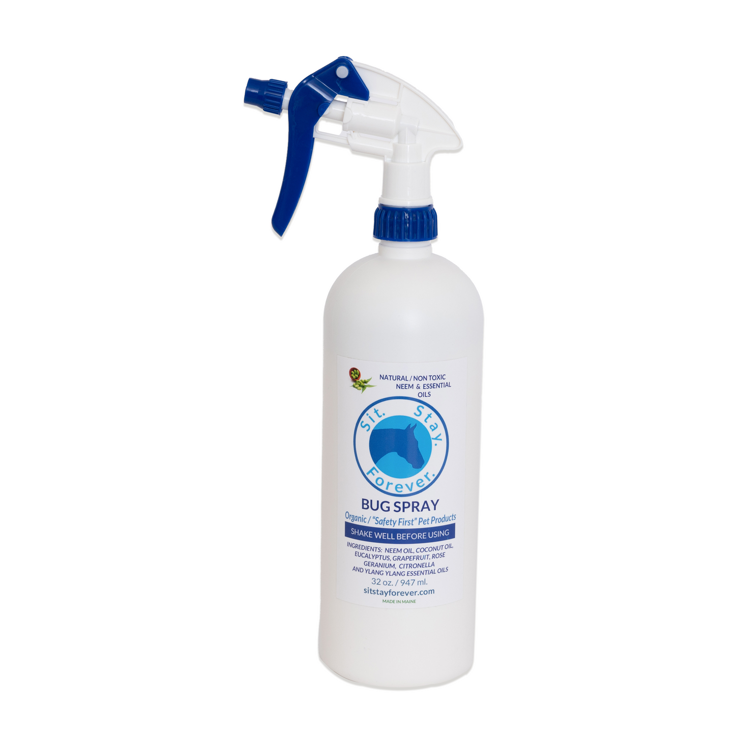 Front label of Sit.Stay.Forever. Bug Spray for dogs with spray nozzle. The bottle is 32 oz (947 ml) and features natural, non-toxic neem and essential oils. The label includes the Sit.Stay.Forever. logo and mentions organic "Safety First" Pet Products. Ingredients listed: neem oil, coconut oil, eucalyptus, grapefruit, rose geranium, citronella, and ylang-ylang essential oils.