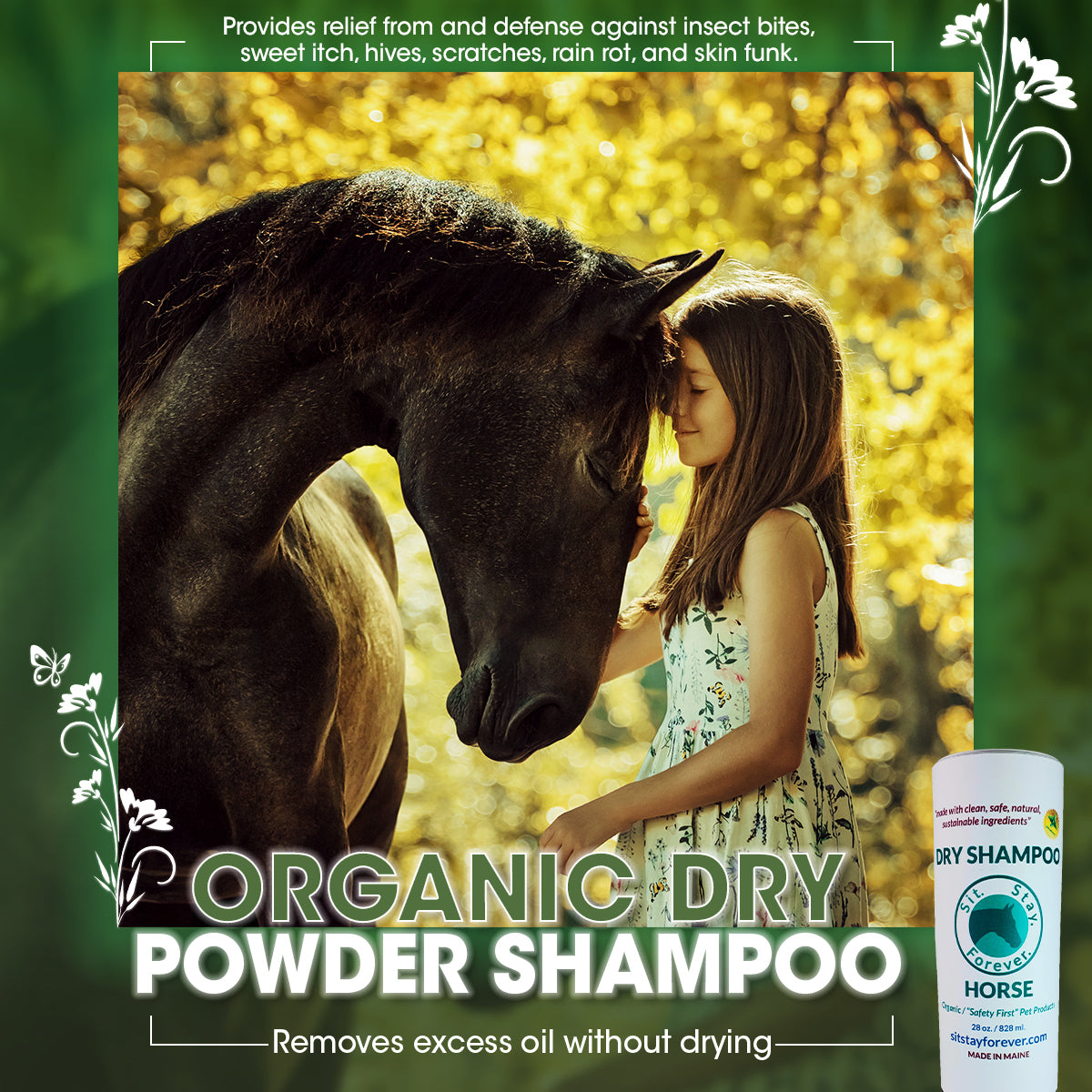 image of horse and girl with bottle of Sit Stay Forever Dry Powder Shampoo and info graphics of benefits