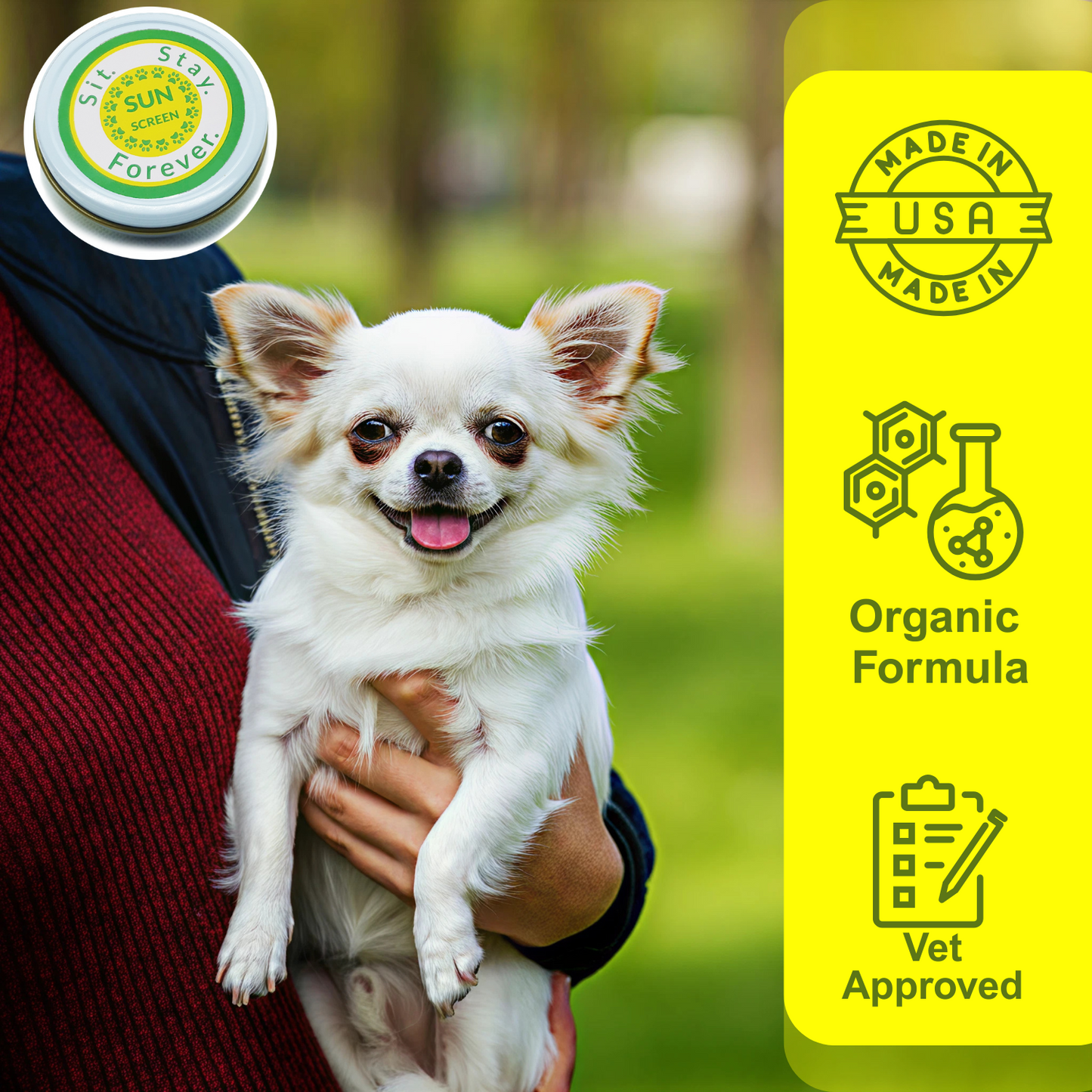 image of person holding small white dog with info graphics of the benefits of Sit Stay Forever's sunscreen