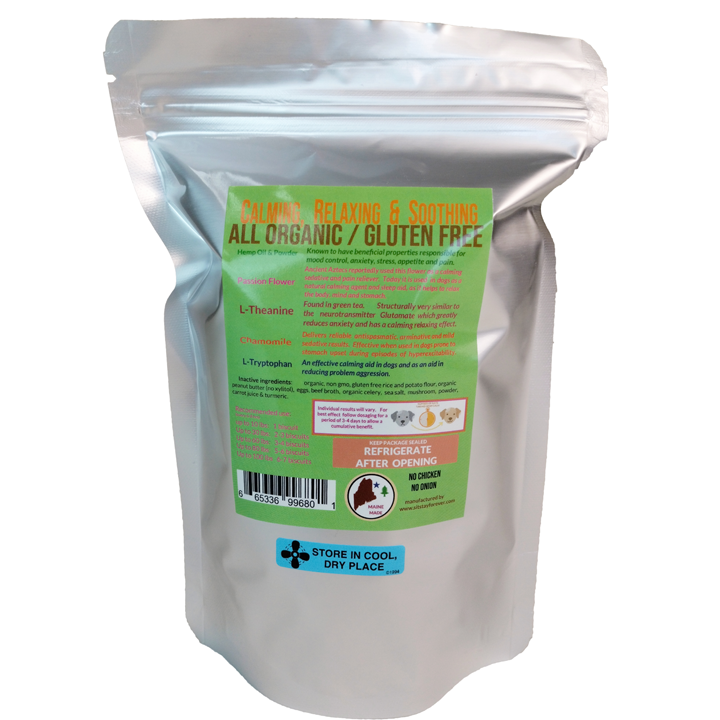 Back view of Sit.Stay.Forever. Hemp Calm Biscuits package. The text highlights the calming, relaxing, and soothing properties of all-organic, gluten-free ingredients. The label includes recommended use based on dog weight, storage instructions, and a note that the product contains no chicken or onion. Manufactured in Maine.