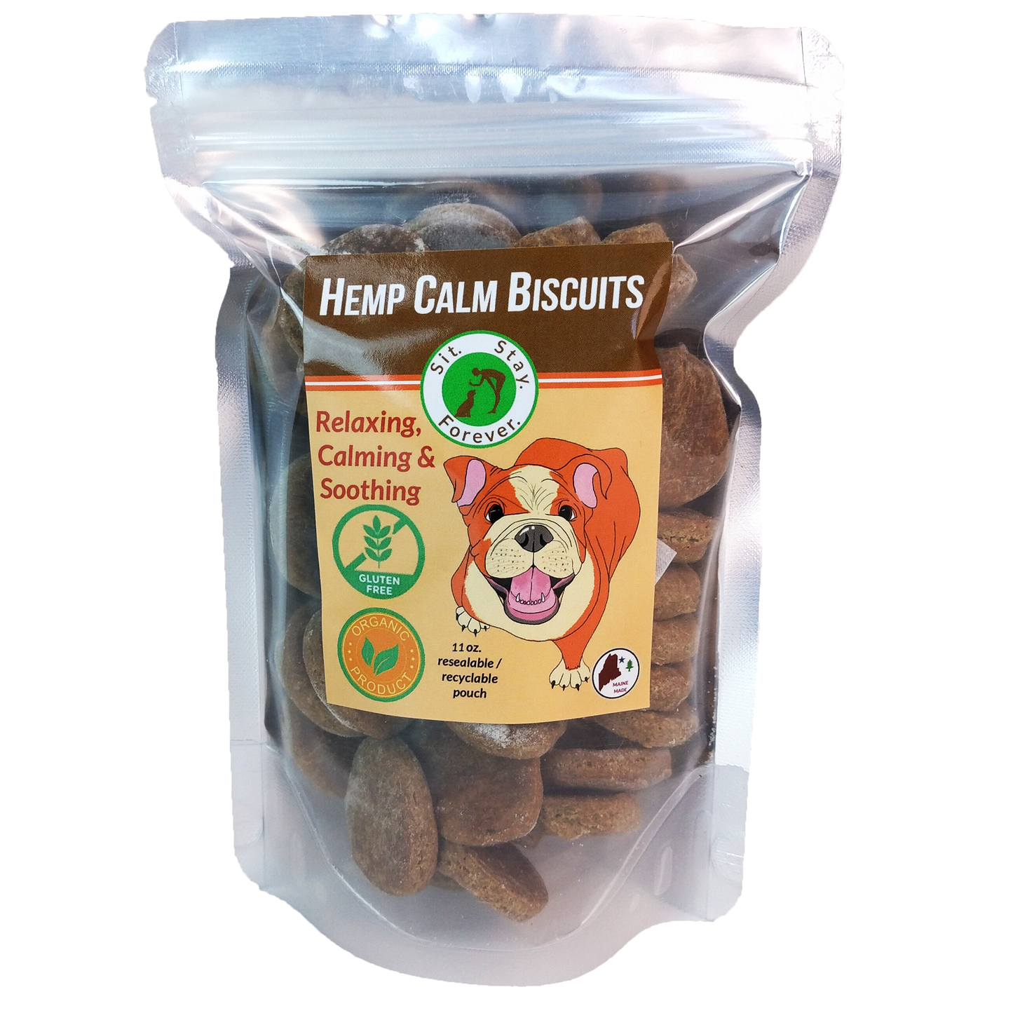 Front view of Sit.Stay.Forever. Hemp Calm Biscuits package. The text highlights the calming, relaxing, and soothing properties of all-organic, gluten-free ingredients. The label includes gluten free, and organic ingredients.. Manufactured in Maine.