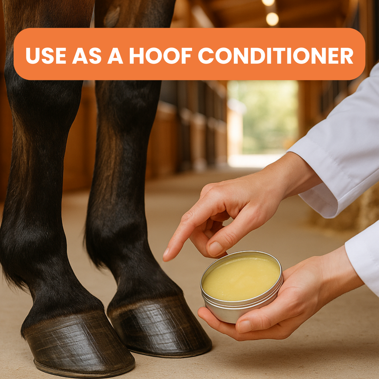 image of horses hooves with daily care balm being appied by person in white lab coat