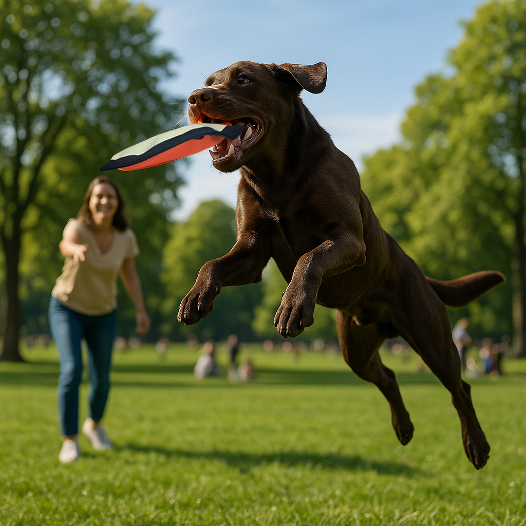 image of chocolate lab in field catching Sit Stay Forever cotton flying disc