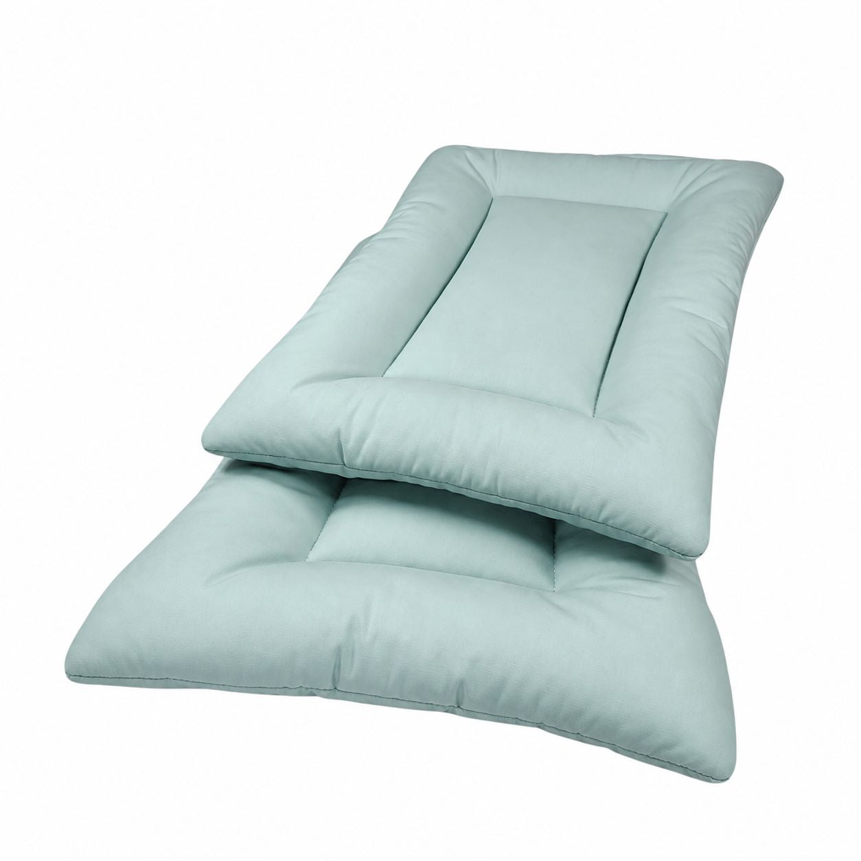 two organic cotton Sit Stay Forever dog beds in the color Sea Mist