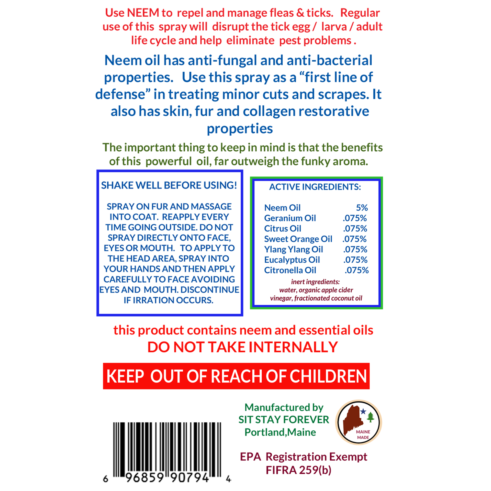 back label from a bottle of Sit Stay Forever's Tick and Flea for Dogs.