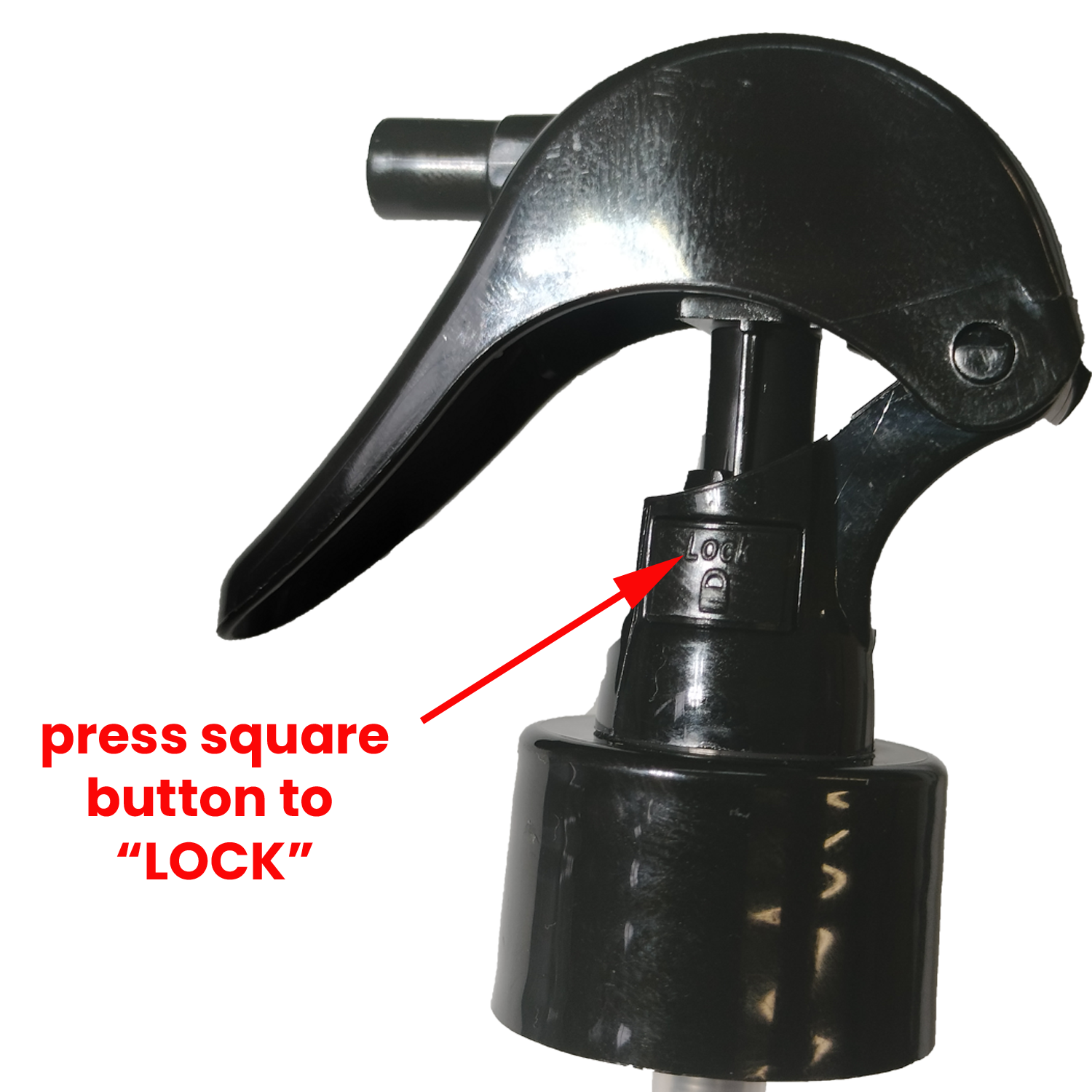 close up of trigger sprayer of Sit Stay Forever's Tick and Flea for dogs showing how to lock sprayer