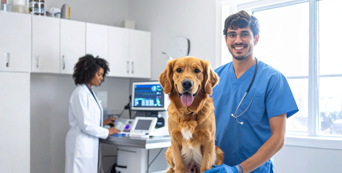 image of a dog at the vet office with computer in background