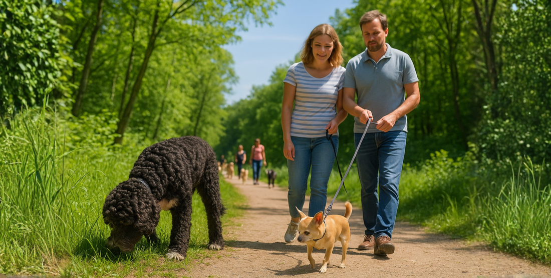 couple walkng their dogs on a wooded trail with their dogs sniffing the ground