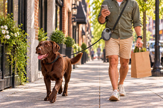 hands free leash in action with man and dog walking on sidewalk