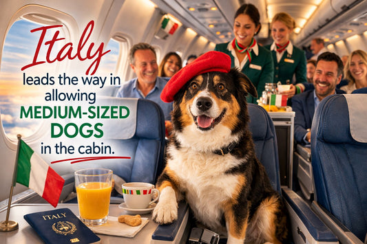 Image of moutain dog in airline cabin wearing a red hat with the text :Italy leads the way in allowing medium sized dogs in the cabin