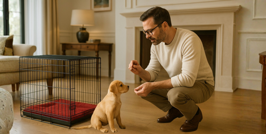 Man and puppy in living room with crate and dog bed