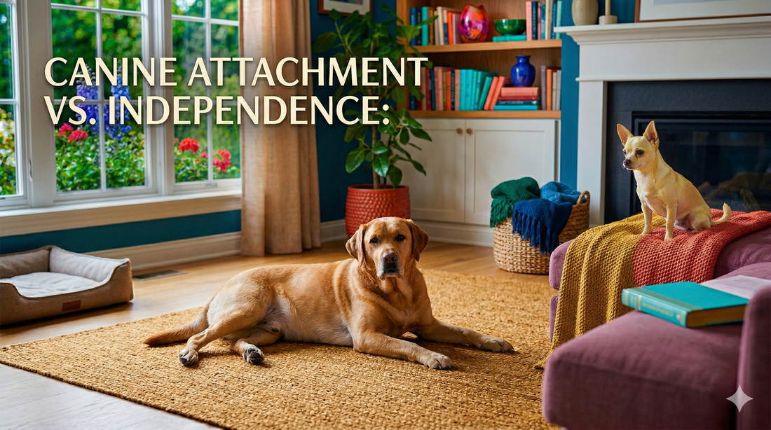 sit stay forever hero image of two dogs in a living room with the text overlay "canine attachment vs. independence
