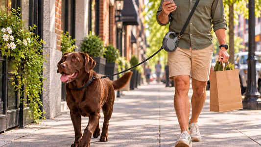 man and dog walking on hands free leash