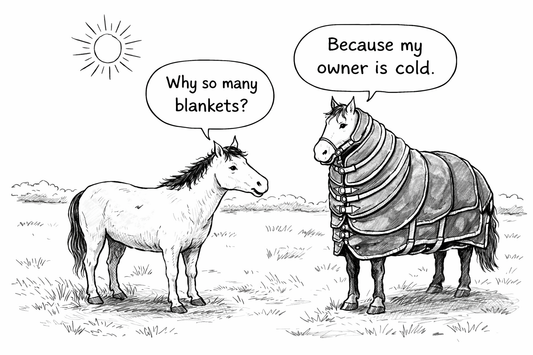 2 horses in the sun one with no blanket one with too many blankets