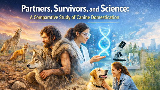 wolf, coyote, fox and modern labrador with the text Partners, Survivor and Science