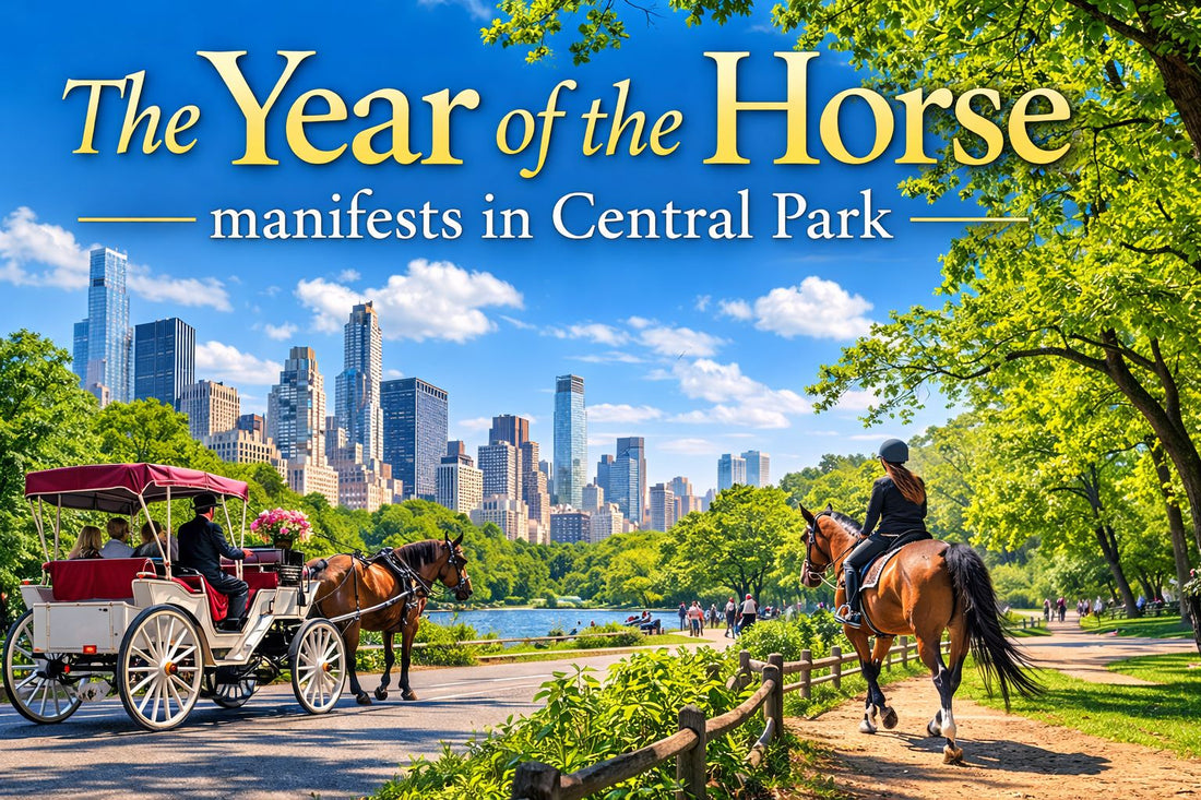 image of horse carriage and horse with rider in Central park with sky line in background with text "The Year of the Horse manifest in Central Park"