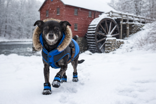 black chihuahua in blue boots and blue jacket walking in the snow.