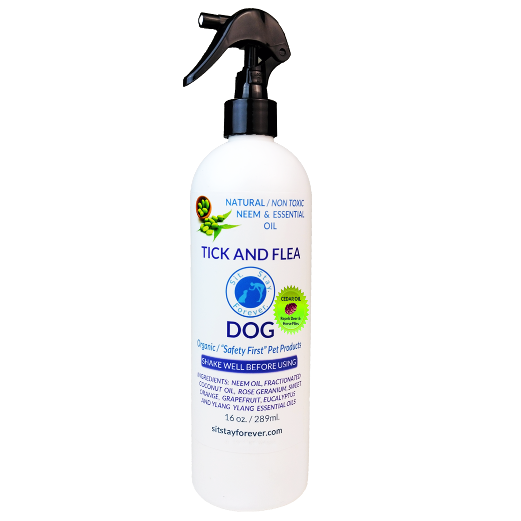 white bottle of natural flea repellent for dogs.