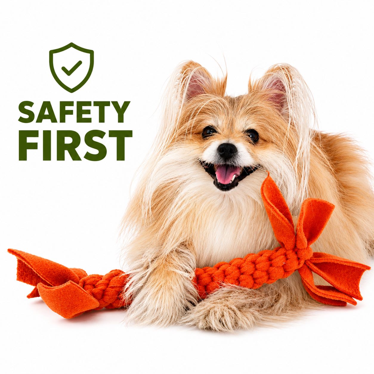 Dog with an orange Sit Stay Forever Braided toy and 'Safety First' text on a white background