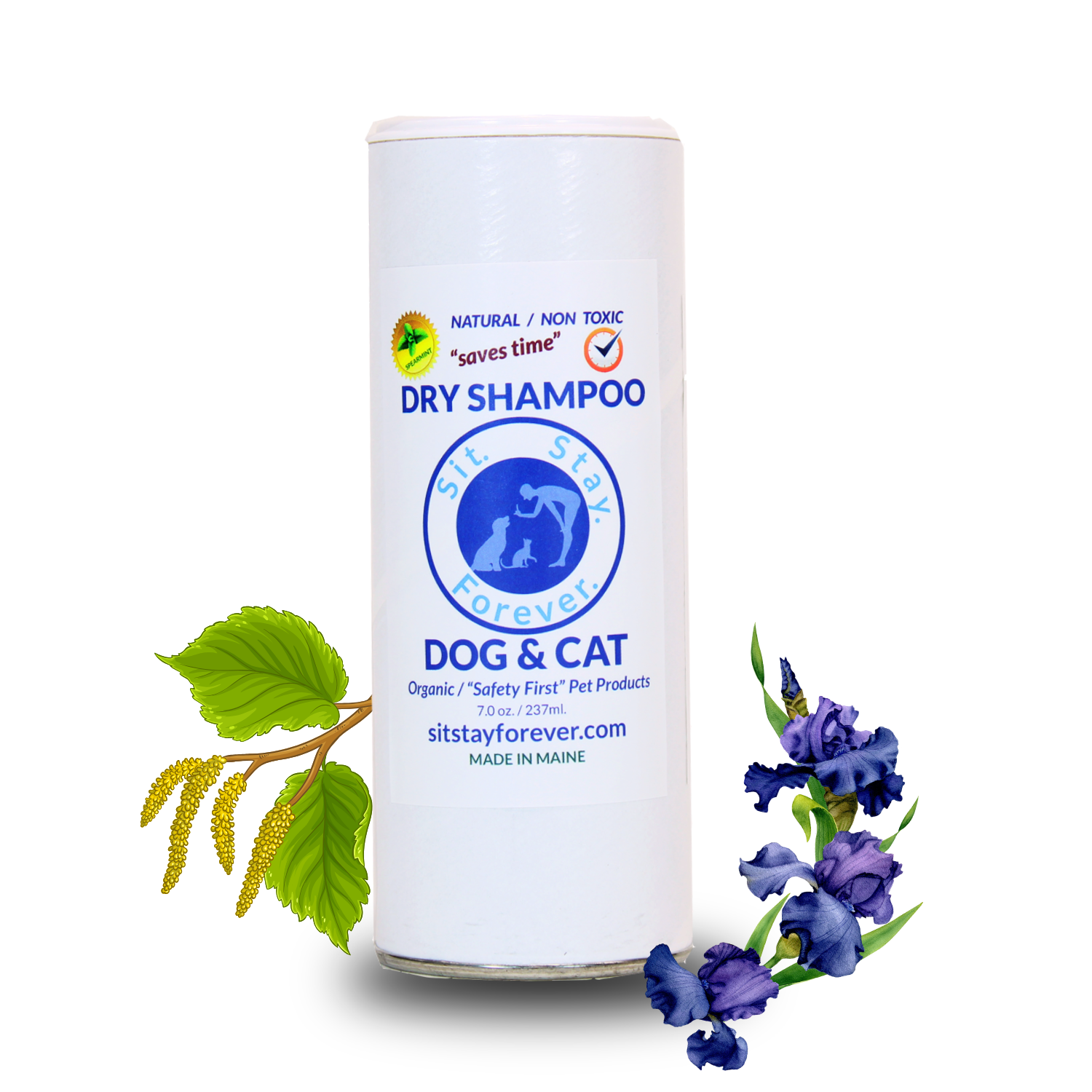 Dry shampoo canister for dogs and cats with natural elements on a white background