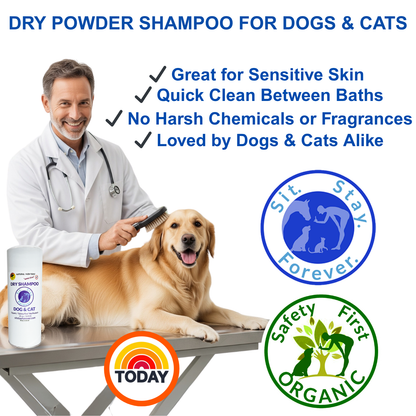 Advertisement for dry powder shampoo for dogs and cats featuring a veterinarian and dog on a white background.