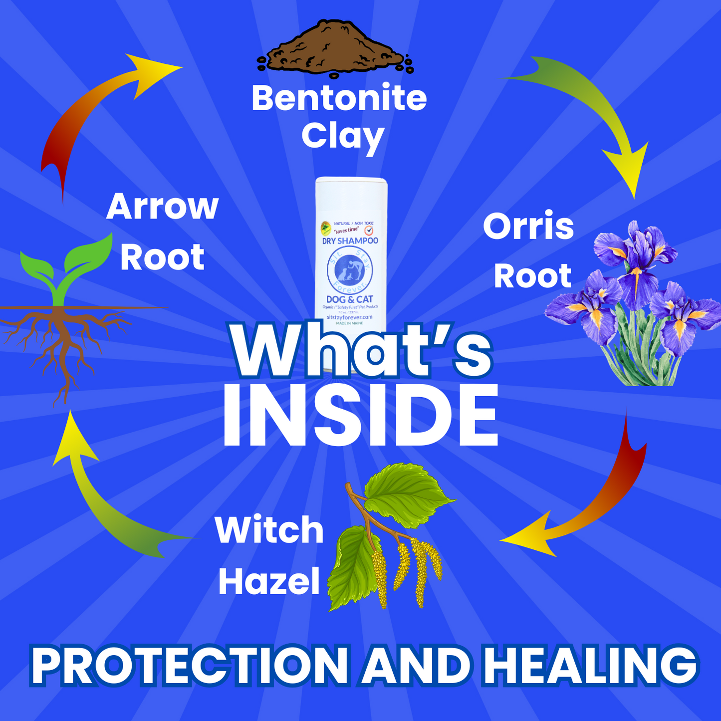 Product packaging with natural ingredients and text on a blue background