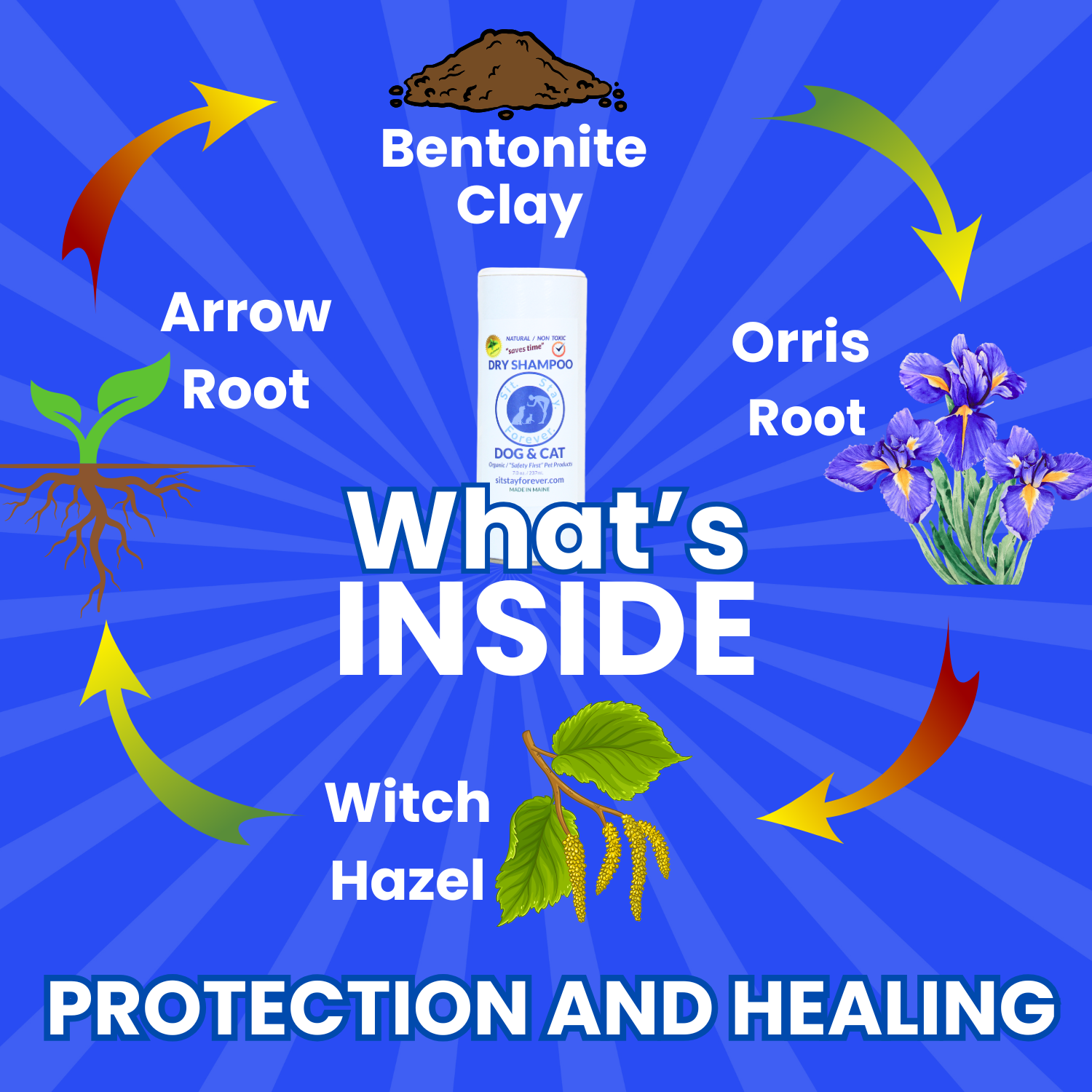 Product packaging with natural ingredients and text on a blue background