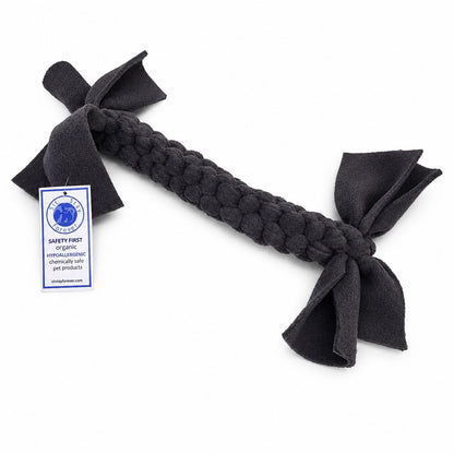 Gray Sit Stay Forever braided pet toy  on a white background, featuring a label.