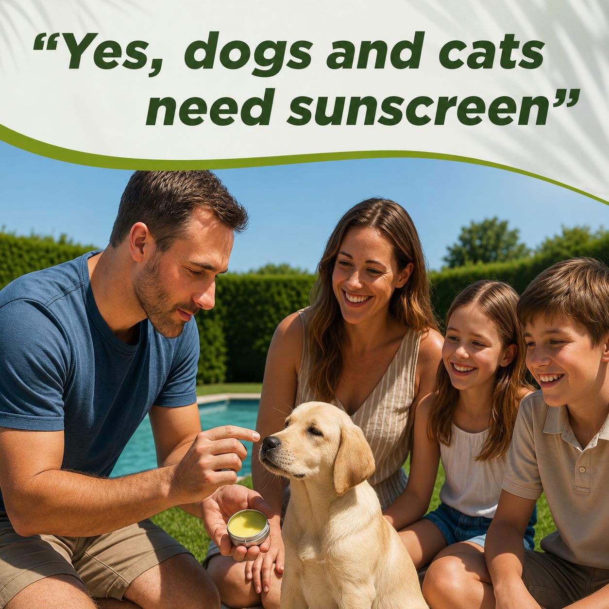 Family with a dog applying sit stay forever sunscreen outdoors with the text "Yes, dogs and cats need sunscreen"