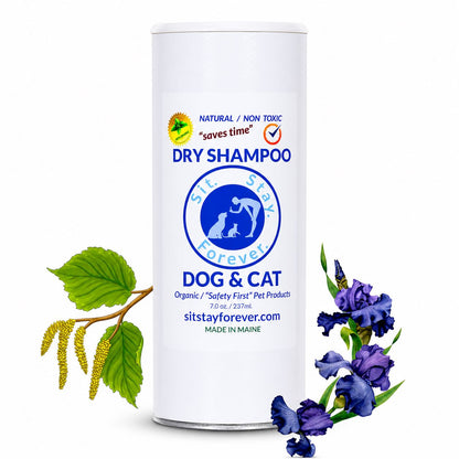 Sit Stay Forever Dry Powder Shampoo for Dogs & Cats bottle with witch hazel and orris root flower on white background