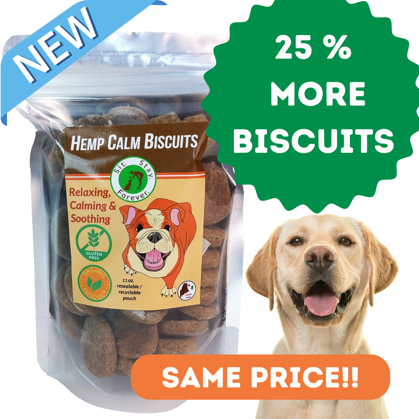 picture of bag of dog treats with 25% more biscuits in green 