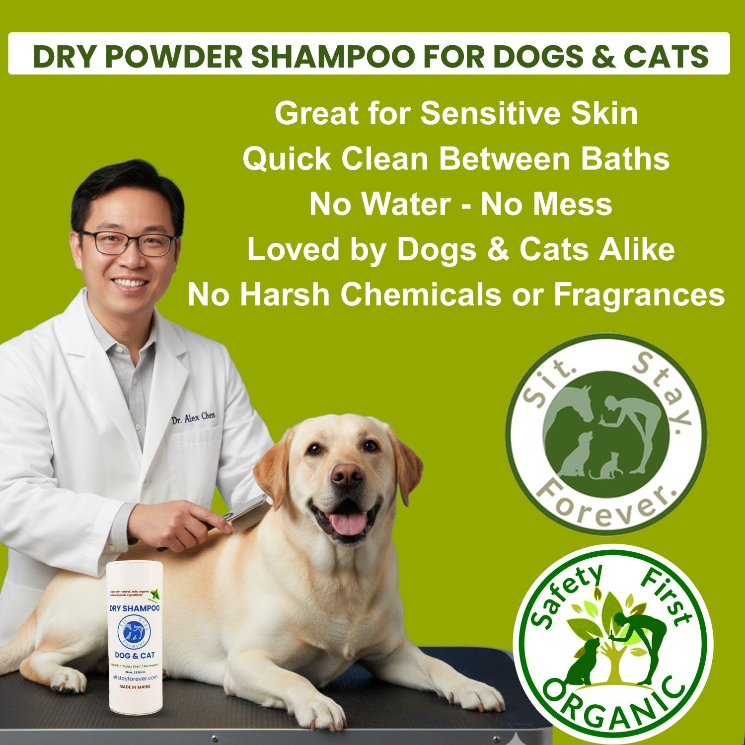 Dry powder shampoo for dogs and cats with a man and dog on a green background