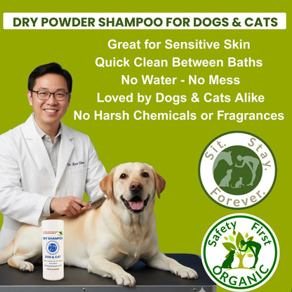 Dry powder shampoo for dogs and cats with a man and dog on a green background