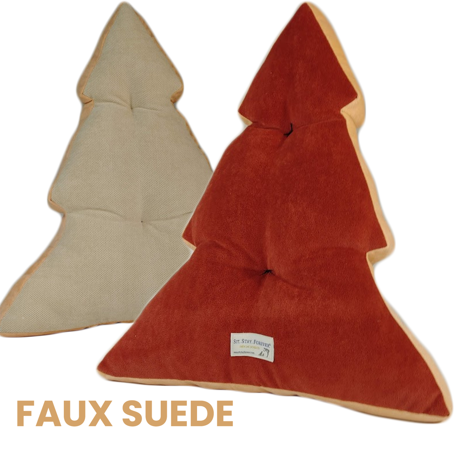 two holiday tree pillows in faux suede on white background with copy faux suede