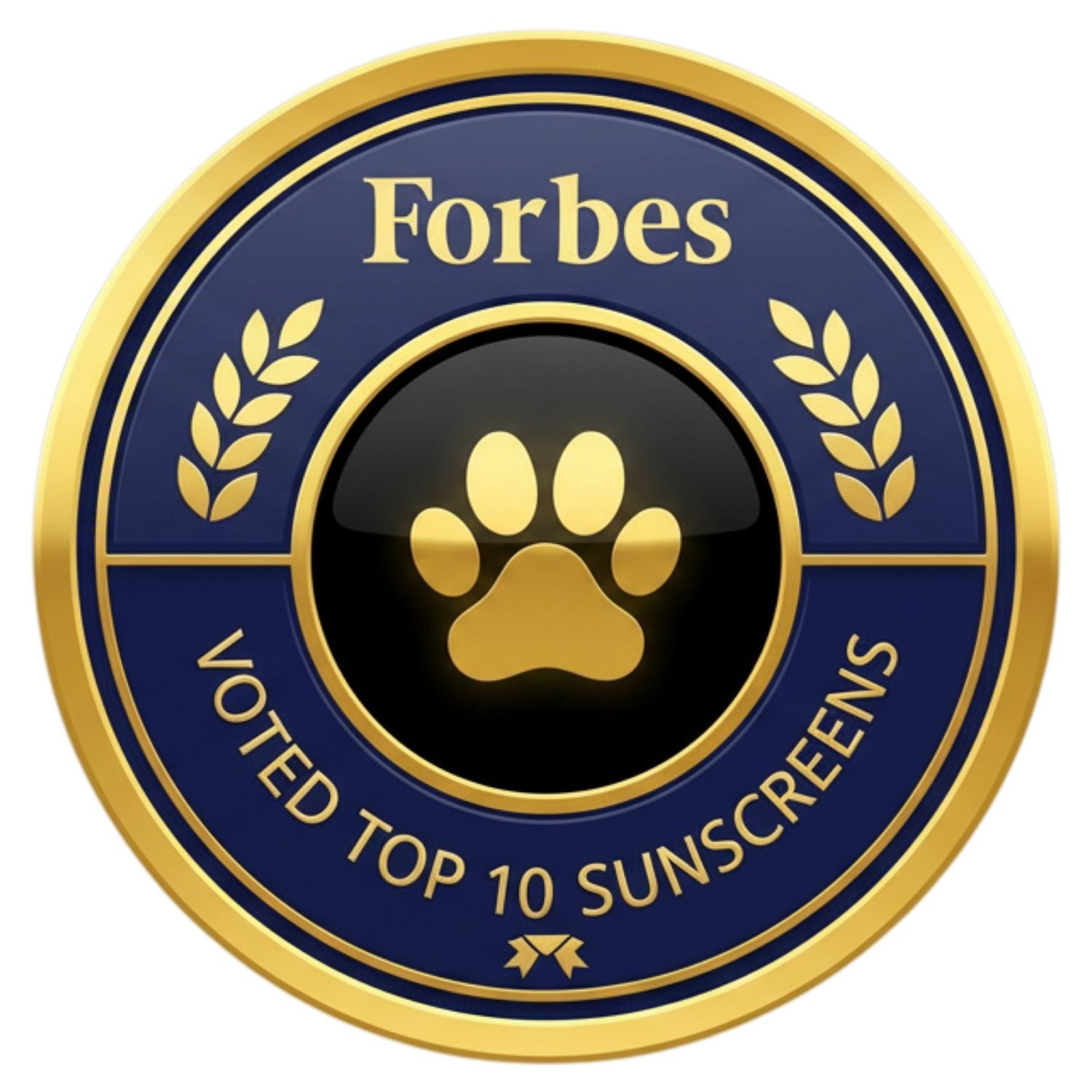 Forbes top 10 sunscreens badge with a gold paw print on a blue and gold circular background