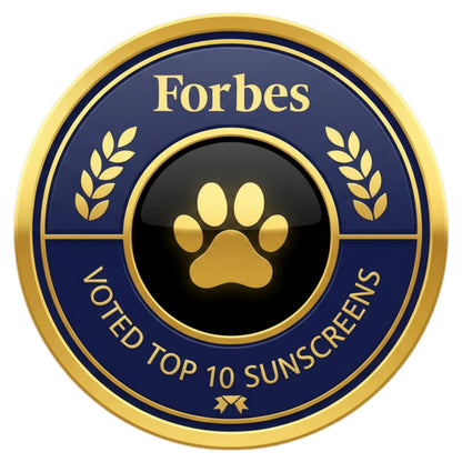 Forbes top 10 sunscreens badge with a gold paw print on a blue and gold circular background