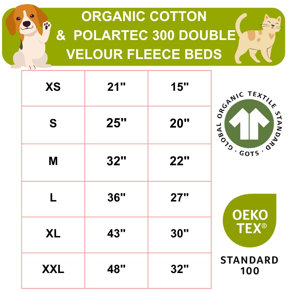 Size chart for Sit Stay Forever organic cotton and Polartec fleece beds with animal illustrations and certification logos.
