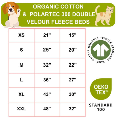 Size chart for Sit Stay Forever organic cotton and Polartec fleece beds with animal illustrations and certification logos.