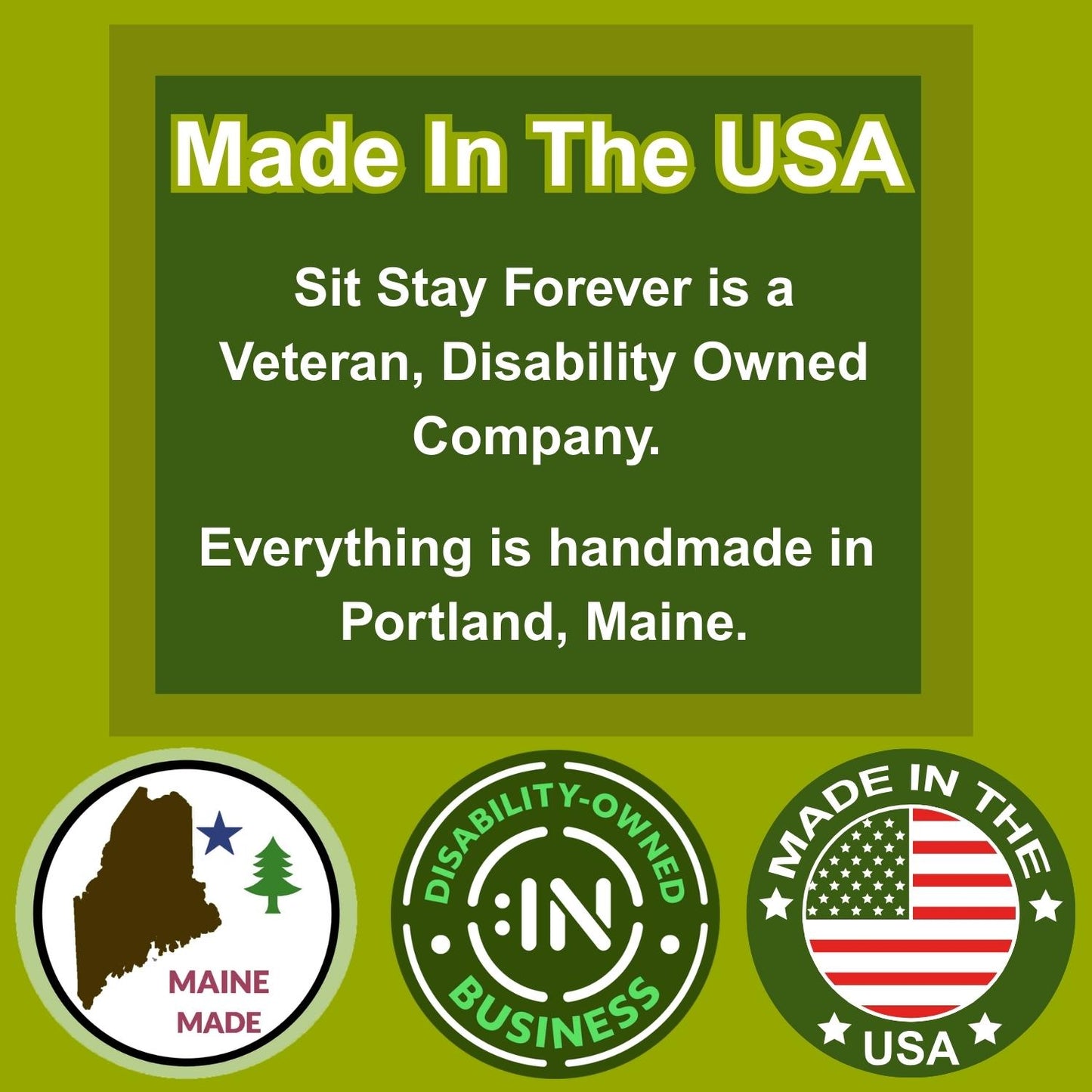 Promotional graphic for a veteran-owned business with text and logos on a green background.