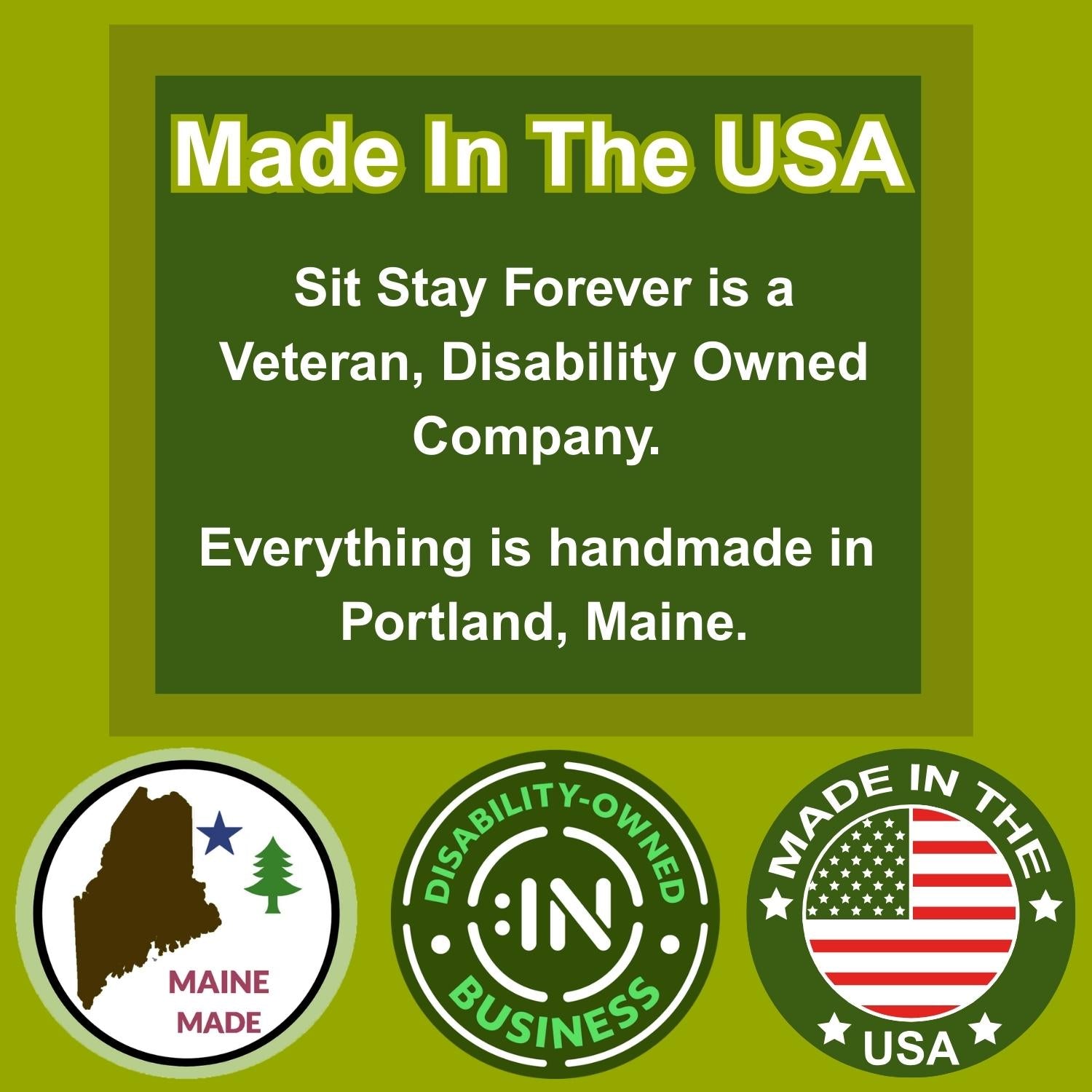 Promotional graphic for a veteran-owned business with text and logos on a green background.