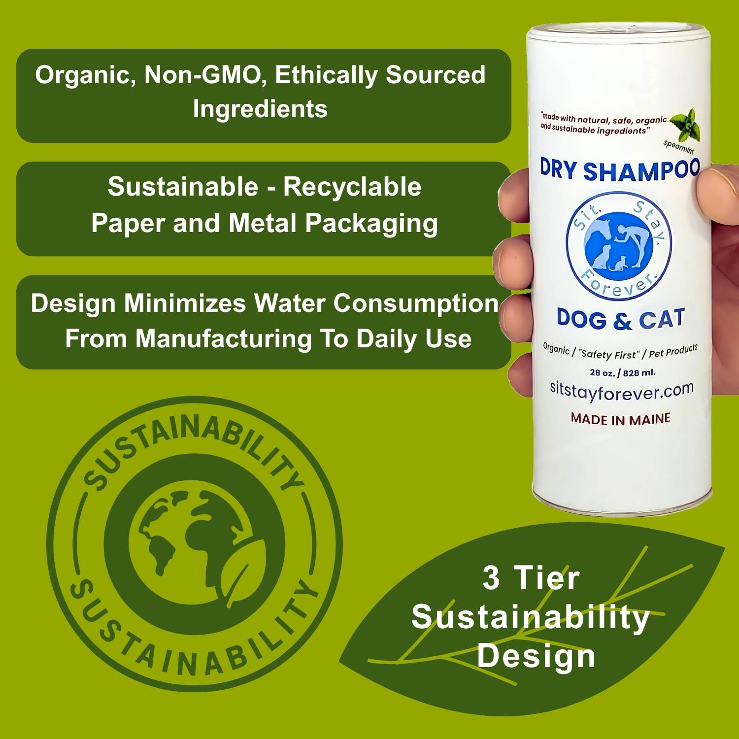 Dry shampoo can for dogs and cats with sustainability features highlighted on a green background